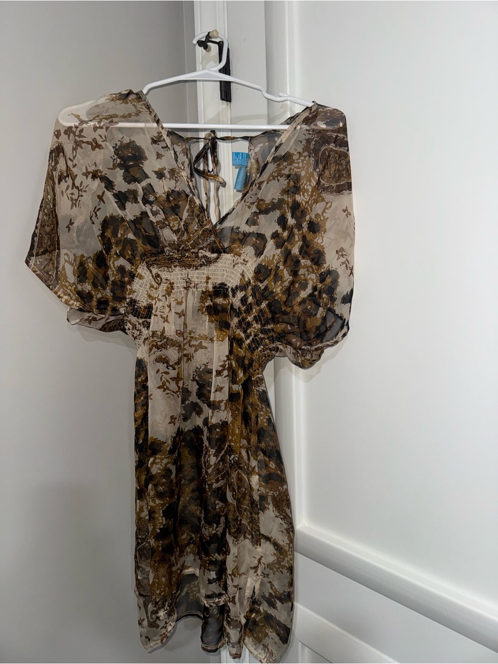 blue island Sheer Floral Brown and Cream Swim Coverup Dress